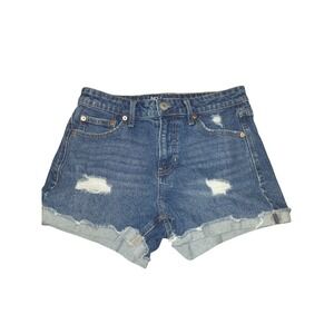 No Boundaries Women Distressed Denim Shorts Medium Wash High Rise Size 5